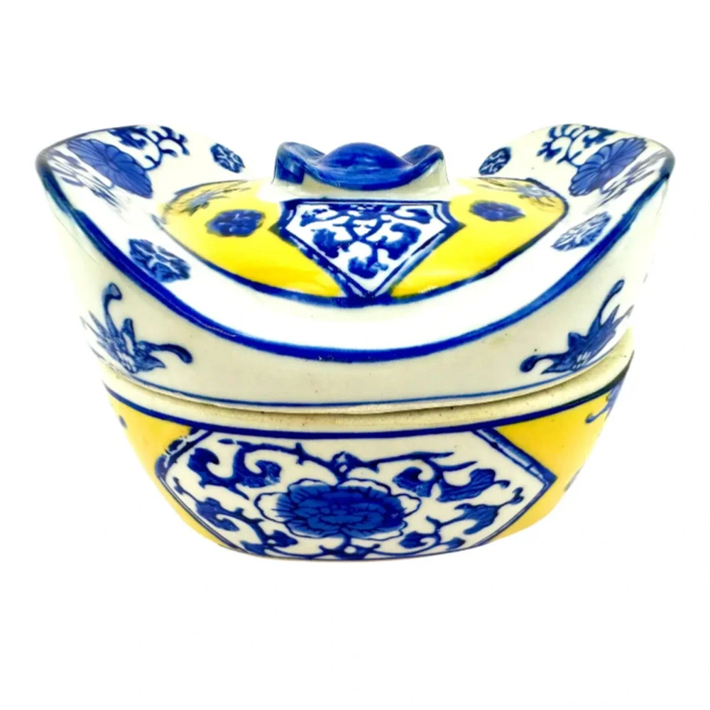 Chinese Vintage 1950s White, Yellow, and Blue Lucky Ingots Shaped Porcelain Box
